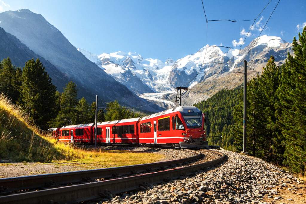train in the scenic swiss alps around bernina and morteratsch